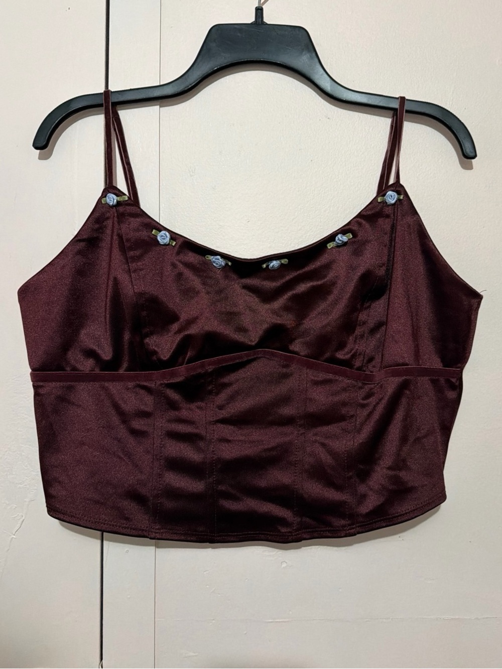 Burgundy Satin Cami with Blue Rose Detail